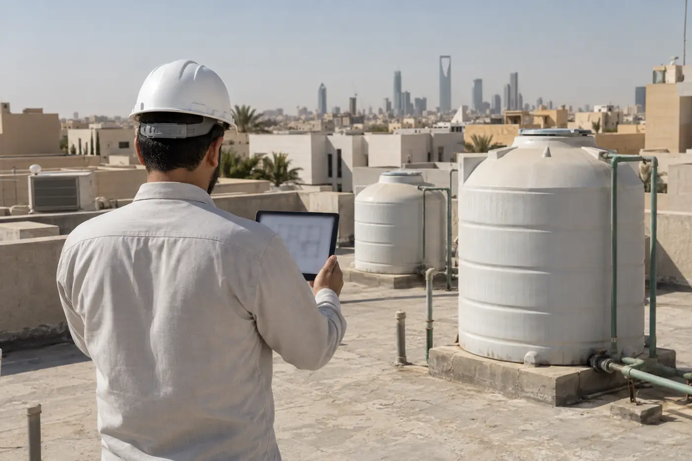 الخليج الذهبي للعزل يبدأ بالمعاينة: مهندس بخوذة يراجع مخطط السطح على جهاز لوحي قرب خزانات المياه