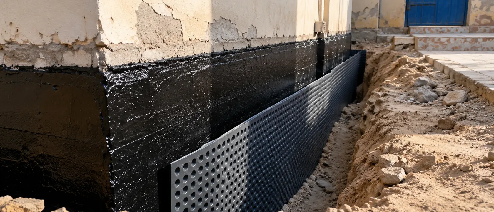 جدار أساس خارجي مدهون بعزل مائي أسود لامع ولوح تصريف بجانبه قبل الردم
