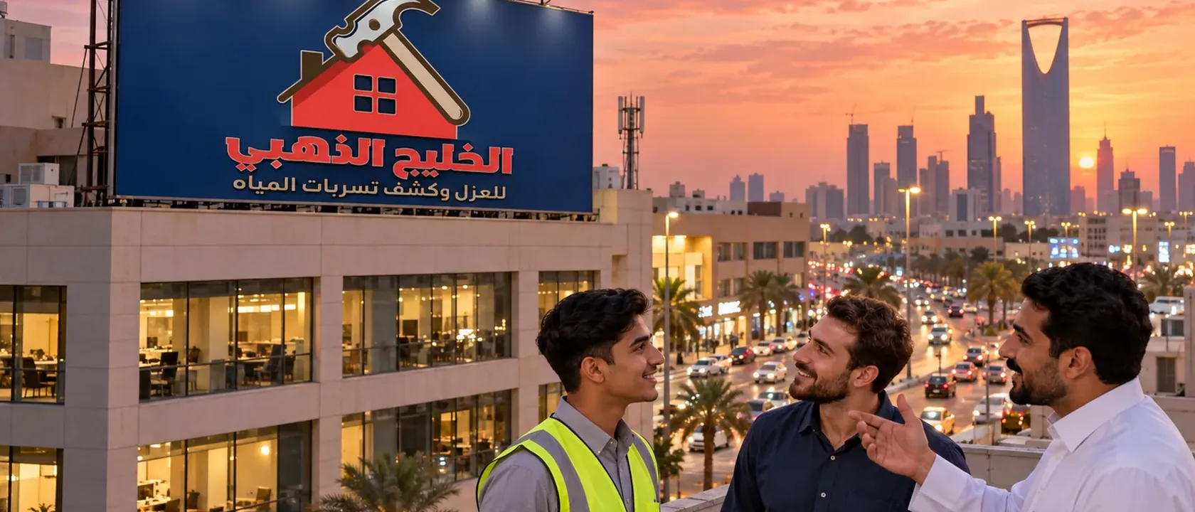 لوحة شركة عزل فوم باسم الخليج الذهبي فوق مبنى تجاري في الرياض وقت الغروب وثلاثة رجال أسفلها