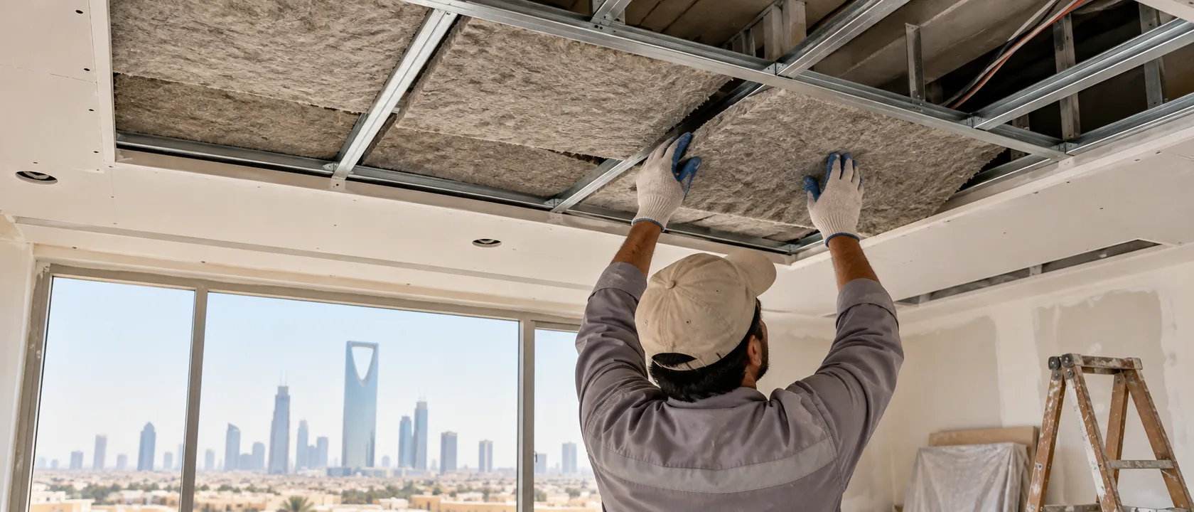 فني يثبت ألواح صوف صخري كعازل صوت للسقف المعلق المفتوح فوق نوافذ تطل على الرياض