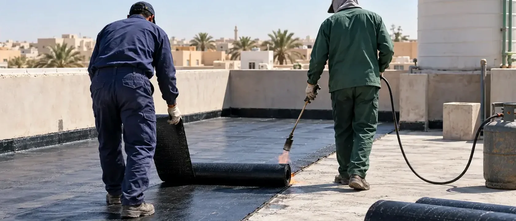 عاملان يفردان رولات البيتومين ويلحمانها بشعلة الغاز على سطح مبنى، خيار شائع عند اختيار أفضل عازل مائي للأسطح