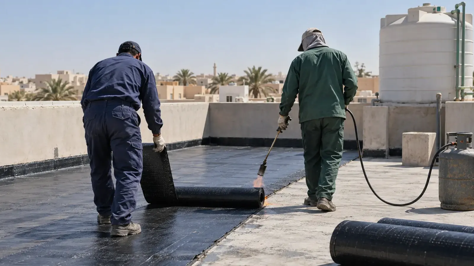 عزل اسطح بفرد رولات البيتومين ولحامها بشعلة الغاز على سطح مبنى سكني