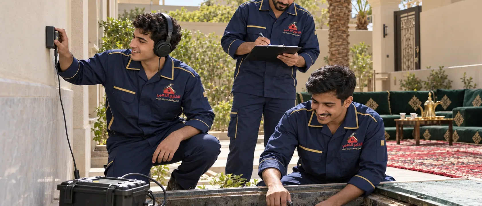 ثلاثة فنيين بملابس عمل كحلية حول خزان أرضي بجانب فيلا، أحدهم بسماعات وجهاز كشف تسربات المياه